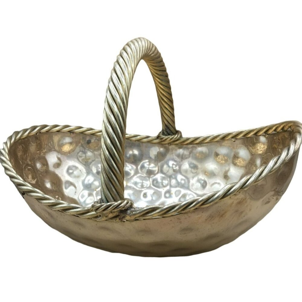 1980s Hollywood Regency Brass Hammered Basket With Rope Handle